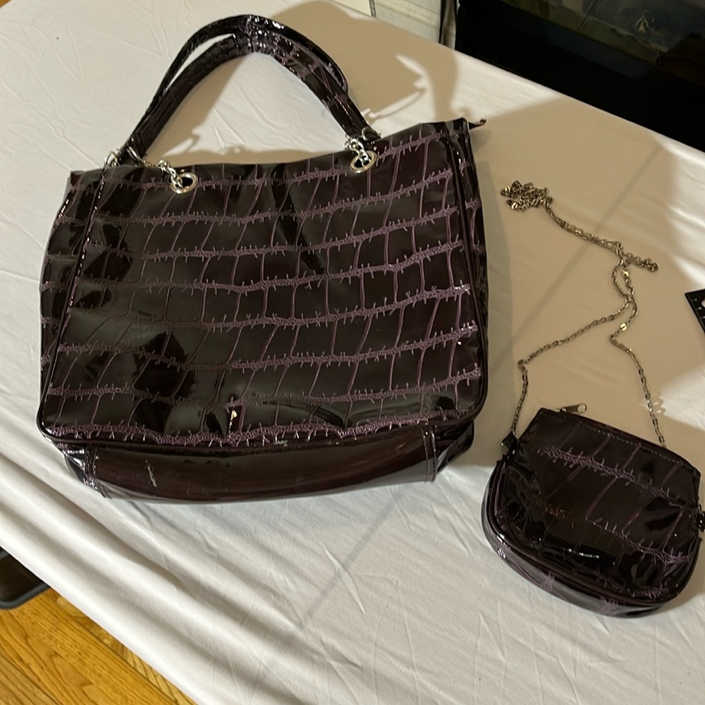 Essence Beauty purple dark plum / brownish alligator embossed tote & crossbody